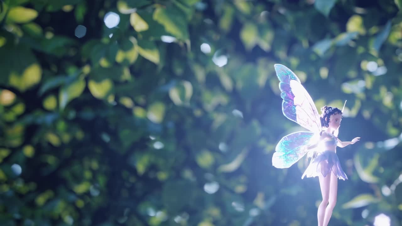 A whimsical video scene of a fairy with iridescent wings, captured from a low angle against a lush