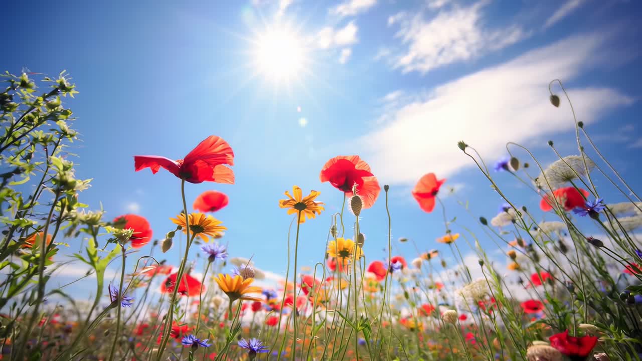Low-angle video of vibrant wildflowers under a bright sun and blue sky, capturing nature's beauty