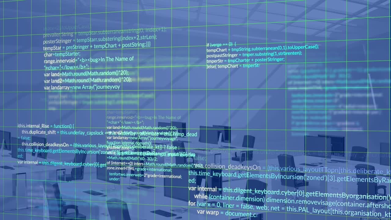 파란색 배경에 3d 사무실 모델에 대한 그리드 네트워크를 통해 데이터 처리의 애니메이션