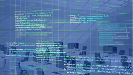 Animation of data processing over grid network against 3d office model on blue background