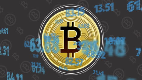 animación del procesamiento de datos financieros sobre símbolos de bitcoin en fondo gris