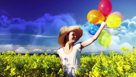 couple with balloons walking in the field