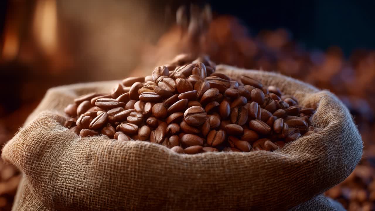 Chicchi di caffè intensamente tostati in un sacco di juta, che brillano sotto una luce soffusa, enfatizzando la loro freschezza e il loro aroma per gli amanti e gli appassionati di caffè di tutto il mondo