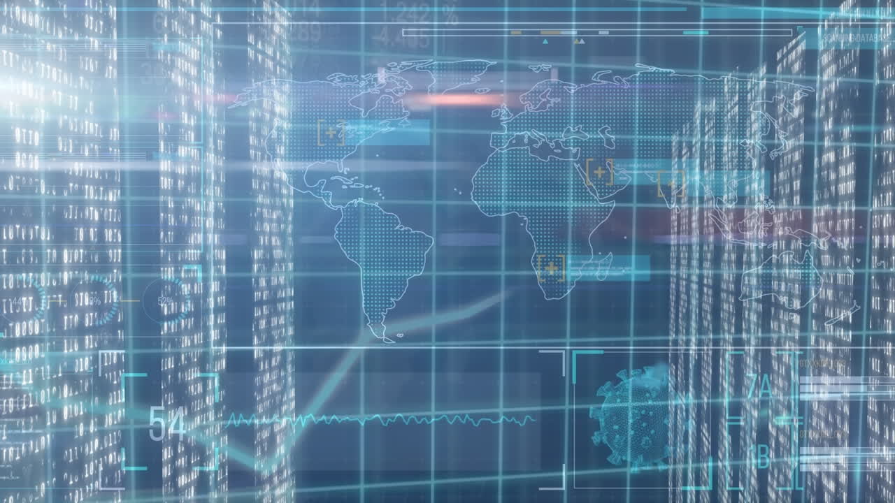 세계 지도 위의 조명 애니메이션과 데이터 처리