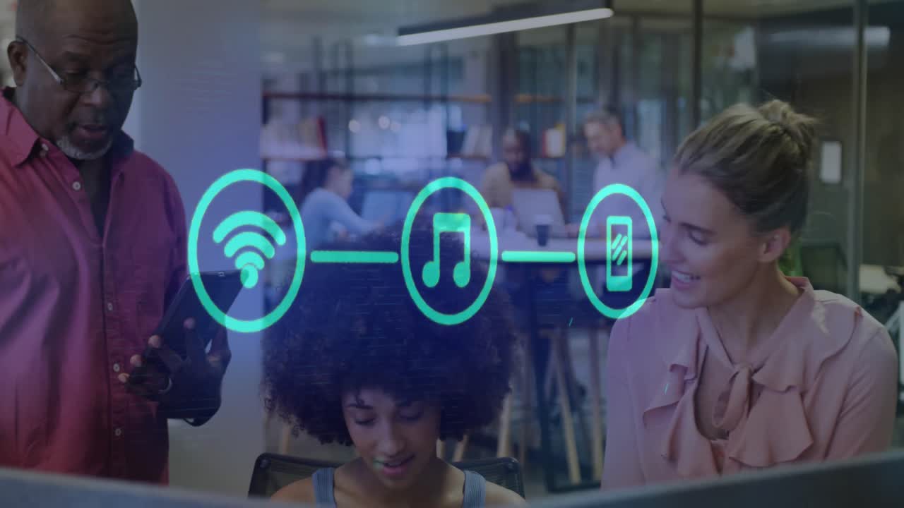 Animation of icons and data processing over diverse business people