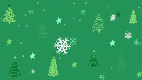 Animation-Von-Schneeflocken-über-Grünem-Weihnachtsbaummuster