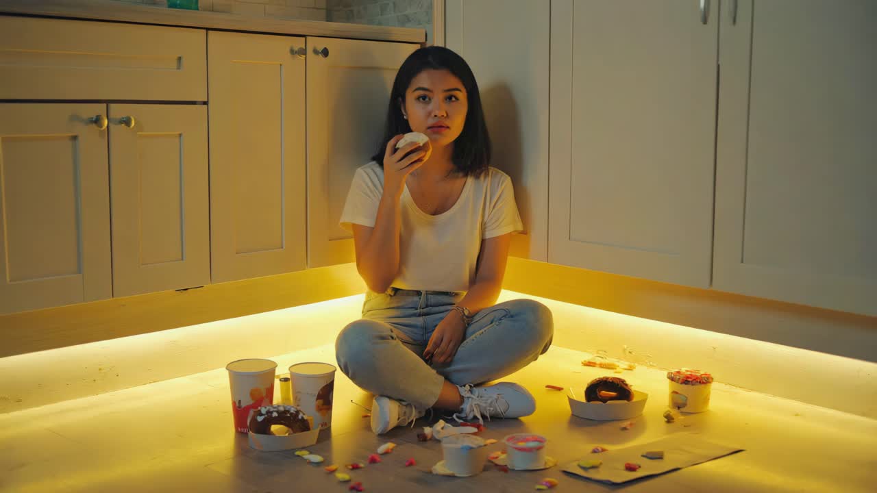 Woman Eating Donut in Kitchen