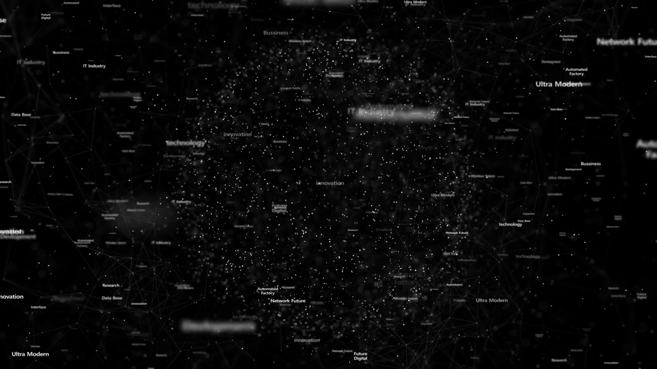 Black white technology network visual with particle sphere floating labels and connected data lines