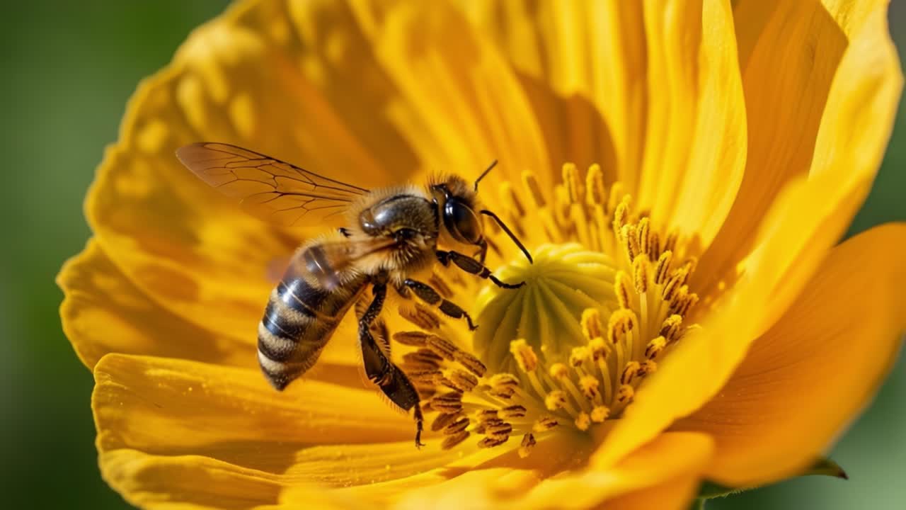 A close-up view of a bee pollinating a vibrant yellow flower, showcasing the intricate details of the insect and the bloom as nature's delicate interplay unfolds