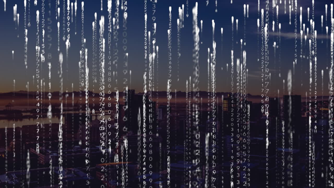 도시 풍경 위의 데이터 처리 애니메이션