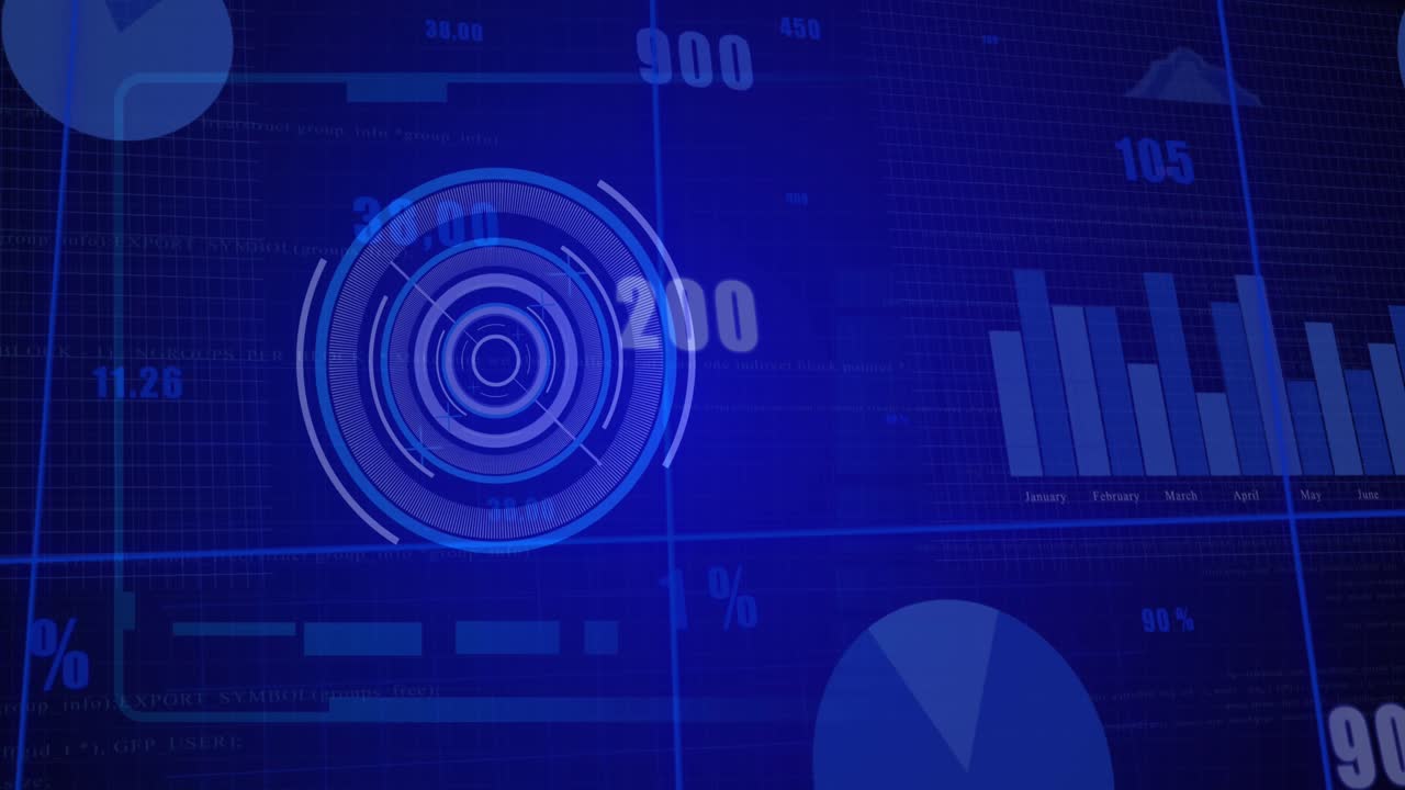 Animation of financial data and graphs over blue background