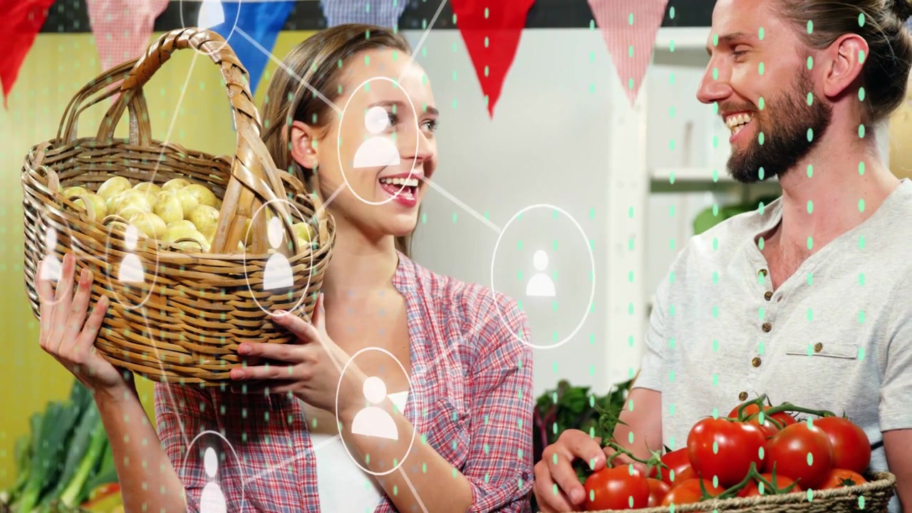 Dois vendedores segurando uma cesta de batatas e tomates, com nós se expandindo a partir do centro e sobrepondo os produtos, em um mercado.