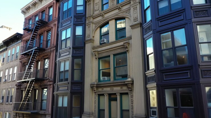 Panorâmica ascendente de fachadas ornamentadas de edifícios históricos urbanos