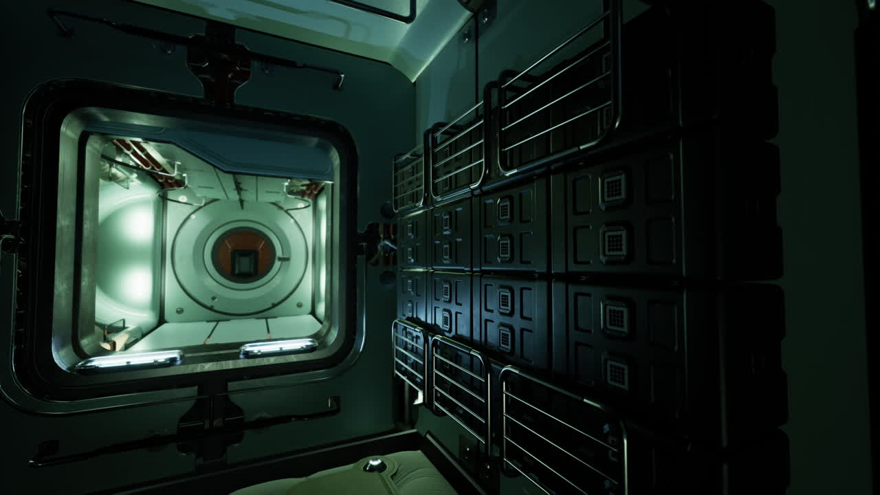 A dark interior of a spaceship with a door and metal panels