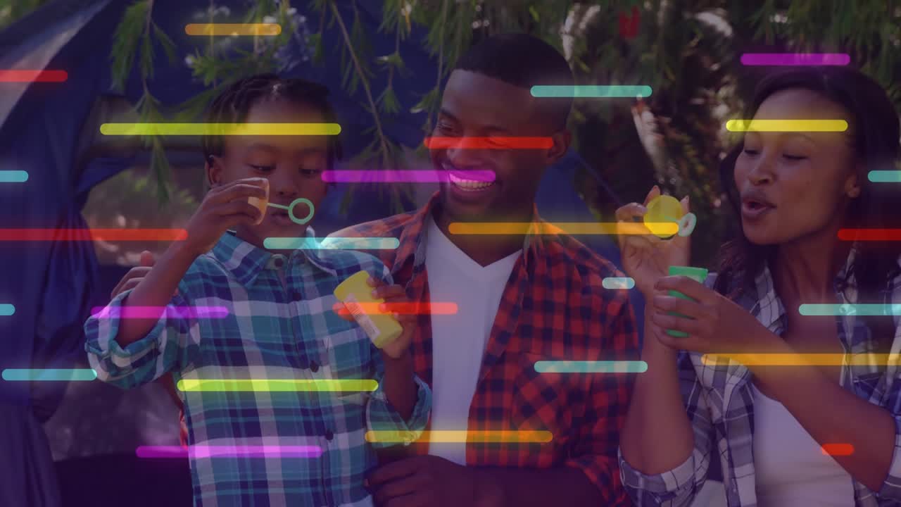 Child opening bubble bottle, blowing bubbles outdoors, parents aiding education, animated bars