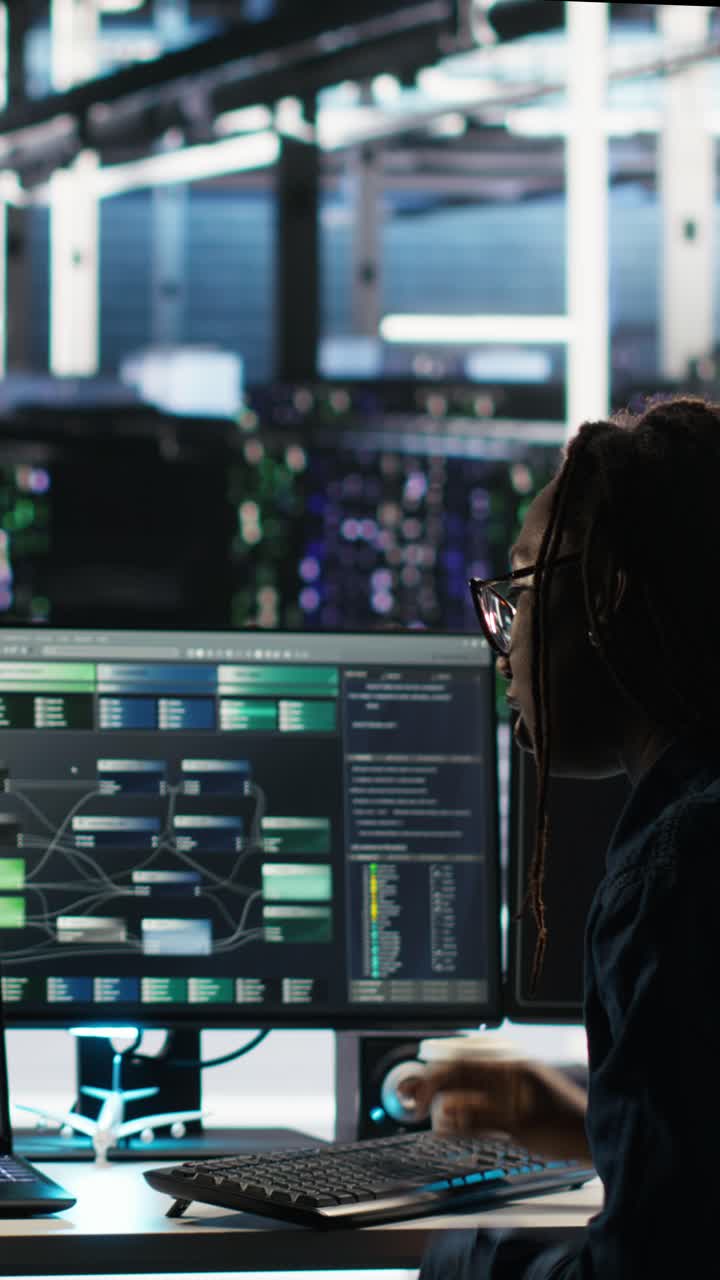 Vertical Video Data Center Teamworking Colleagues Use Node Tree Program
