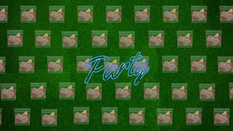 animación del texto de neón de la fiesta en letras azules sobre el patrón sobre fondo verde
