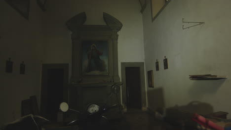 interior view of abandoned and damaged chapel - pov