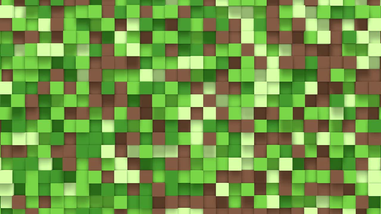 3d cubos abstractos bucle. videojuego isométrico patrón de ondas de mosaico geométrico. construcción de paisajes de colinas utilizando bloques de hierba marrón y verde. fondo de píxeles. estilo minecraft. bucle de animación 3d 4k
