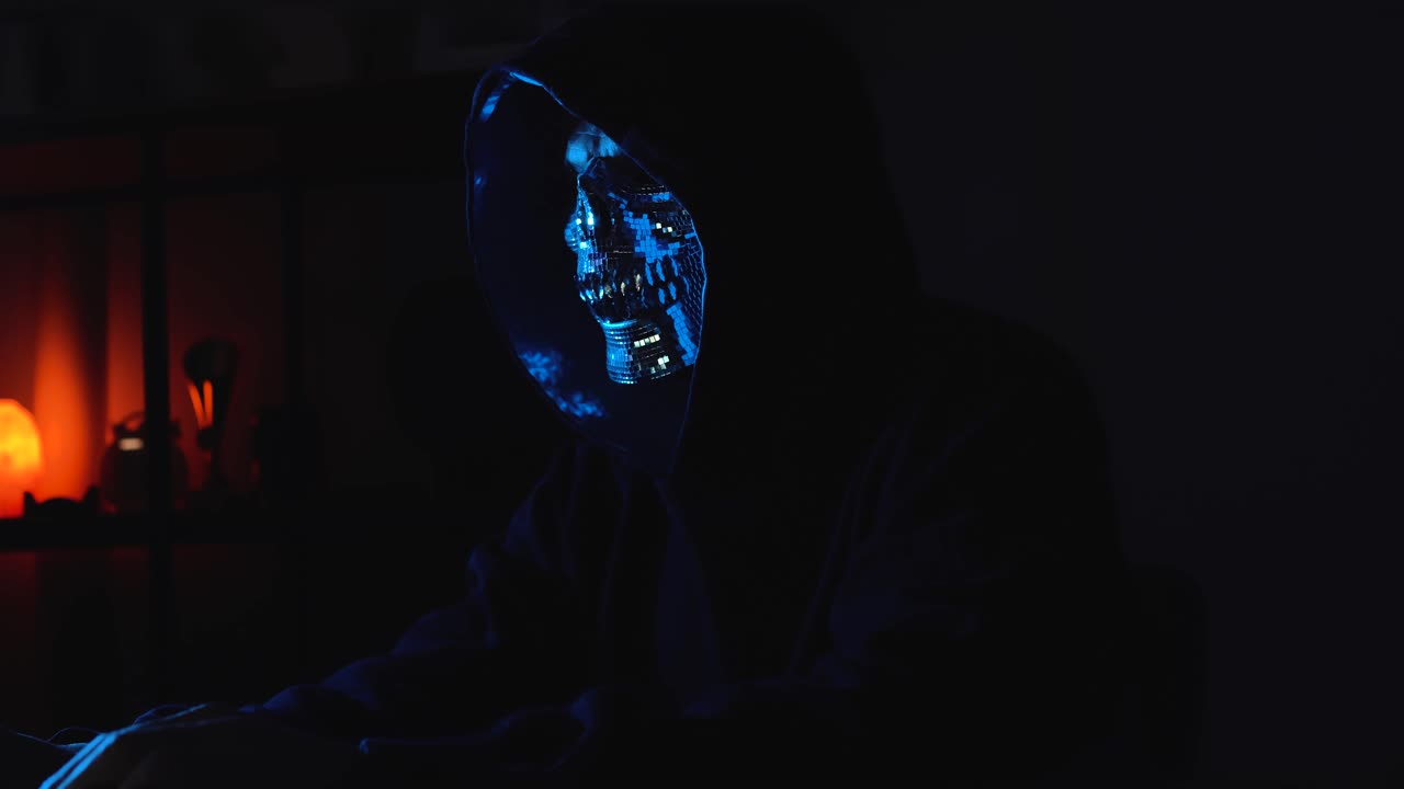 Cybercriminal Wearing Hoodie and Mask Using Laptop in Dark Room Depicting Cybersecurity Threats, Phishing, and Dark Web Activity