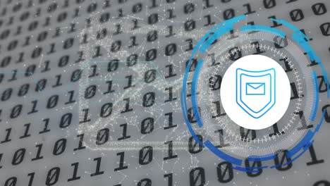 animación del procesamiento de datos con el icono del escudo sobre fondo azul