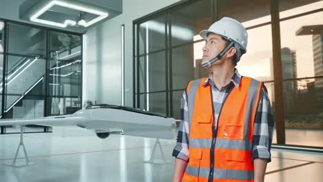 ingeniero masculino asiático con casco de seguridad mirando a su alrededor mientras está de pie con el proyecto de drones