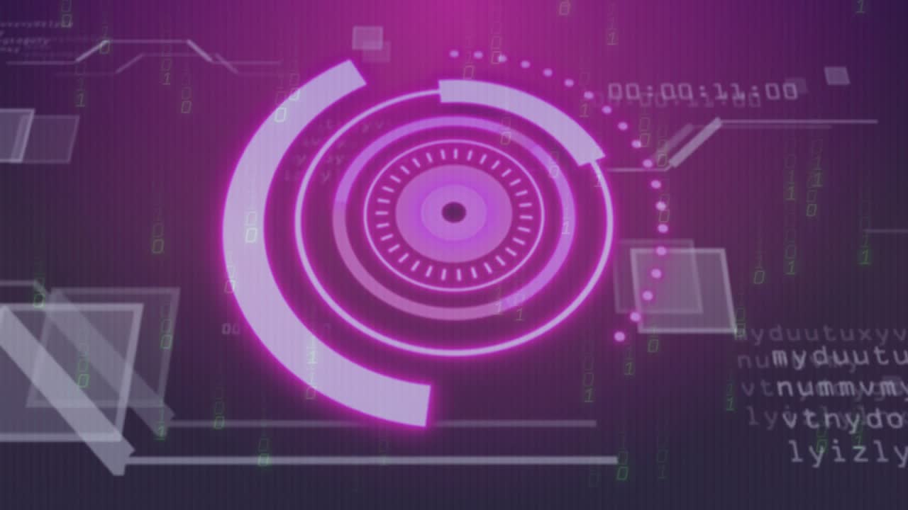 Futuristic digital interface with rotating circles and data processing animation