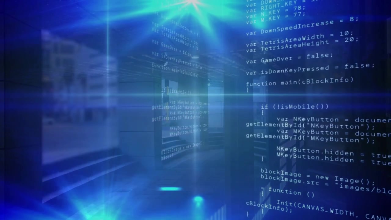 Digital Programming Code Overlaying Modern Office Building Interior