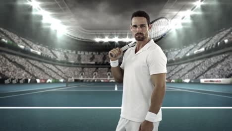 Portrait-of-tennis-player-standing-with-racquet-on-tennis-court