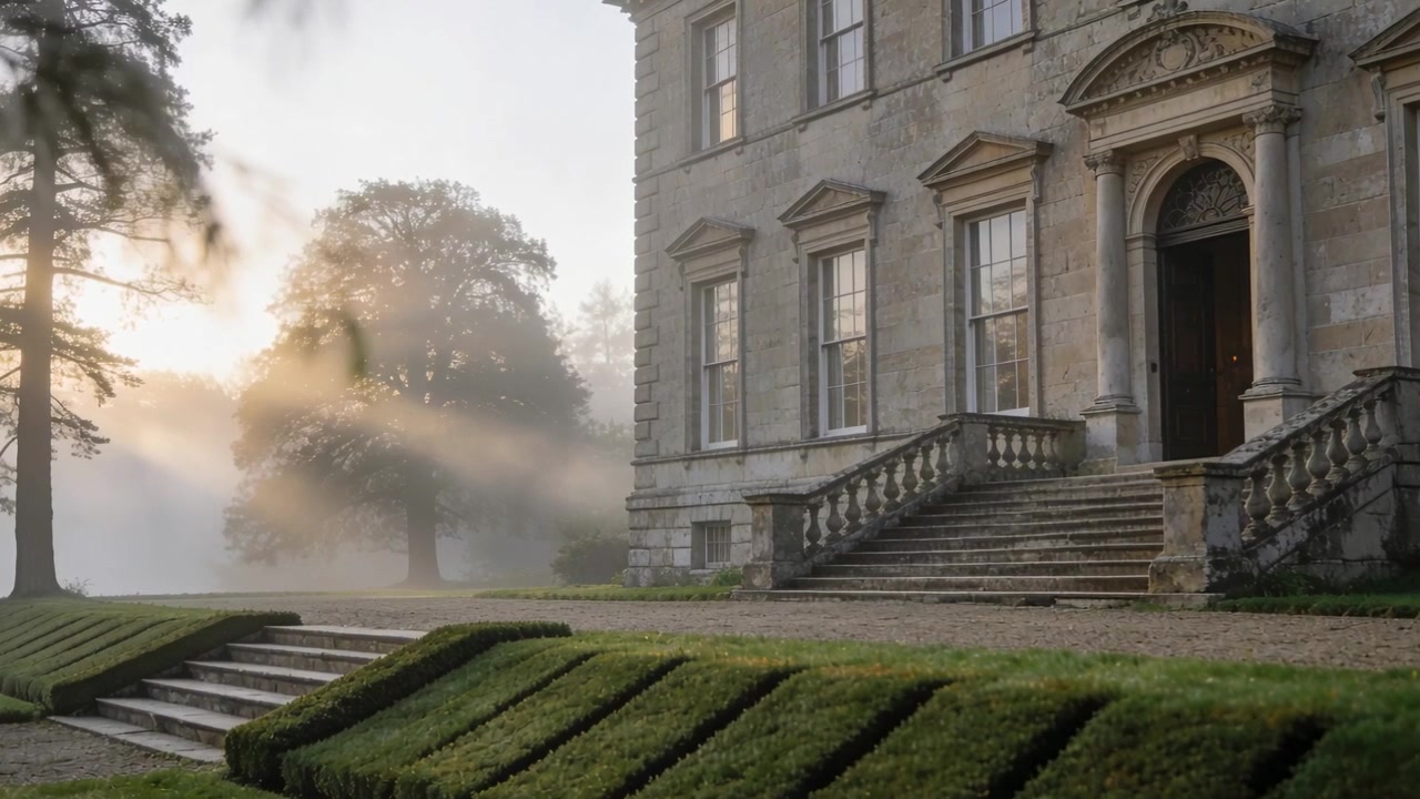 Mostrando la luce del sole che filtra tra gli alberi e rivela la scalinata di un maniero in una tenuta, con la nebbia che si dirada.