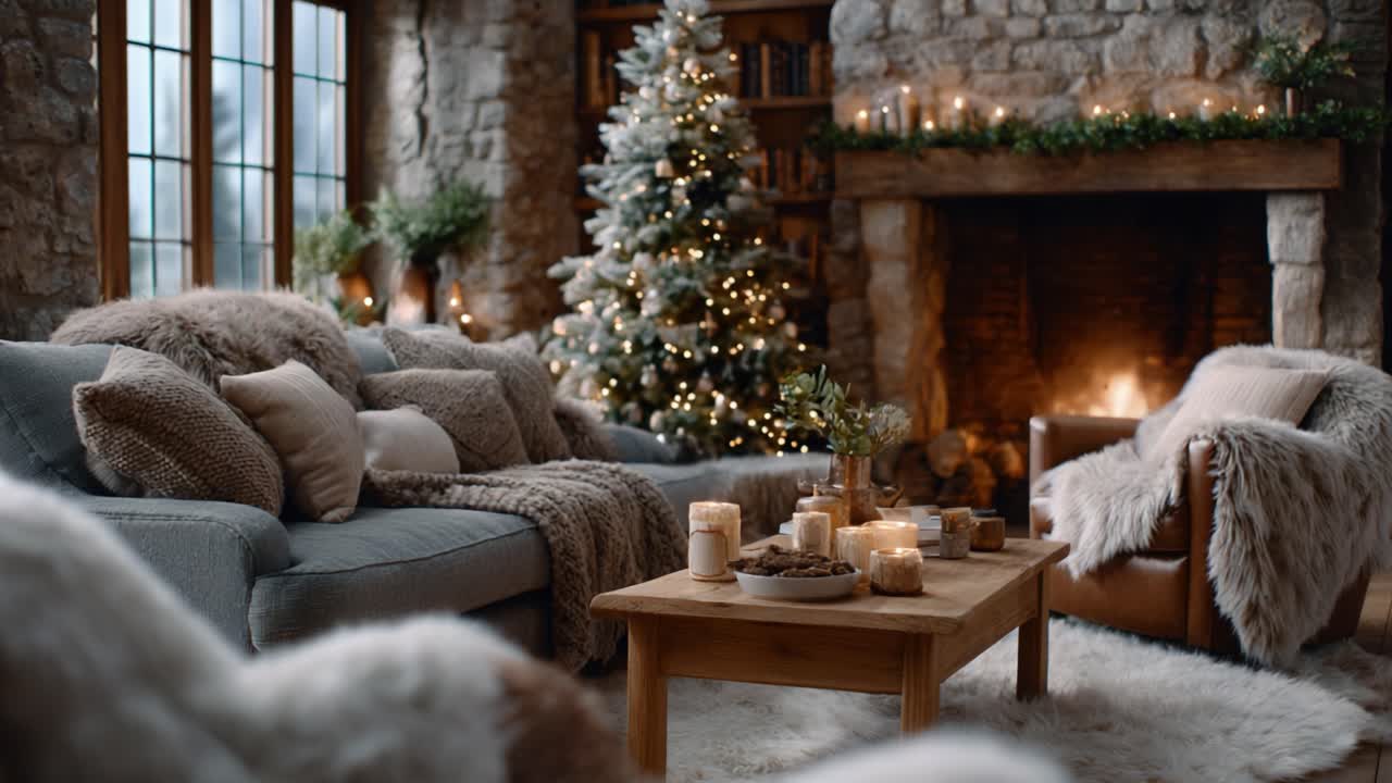 Cozy Winter Living Room with Christmas Tree, Soft Textiles, and Warm Firelight Creating an Inviting Holiday Atmosphere for Family Gatherings