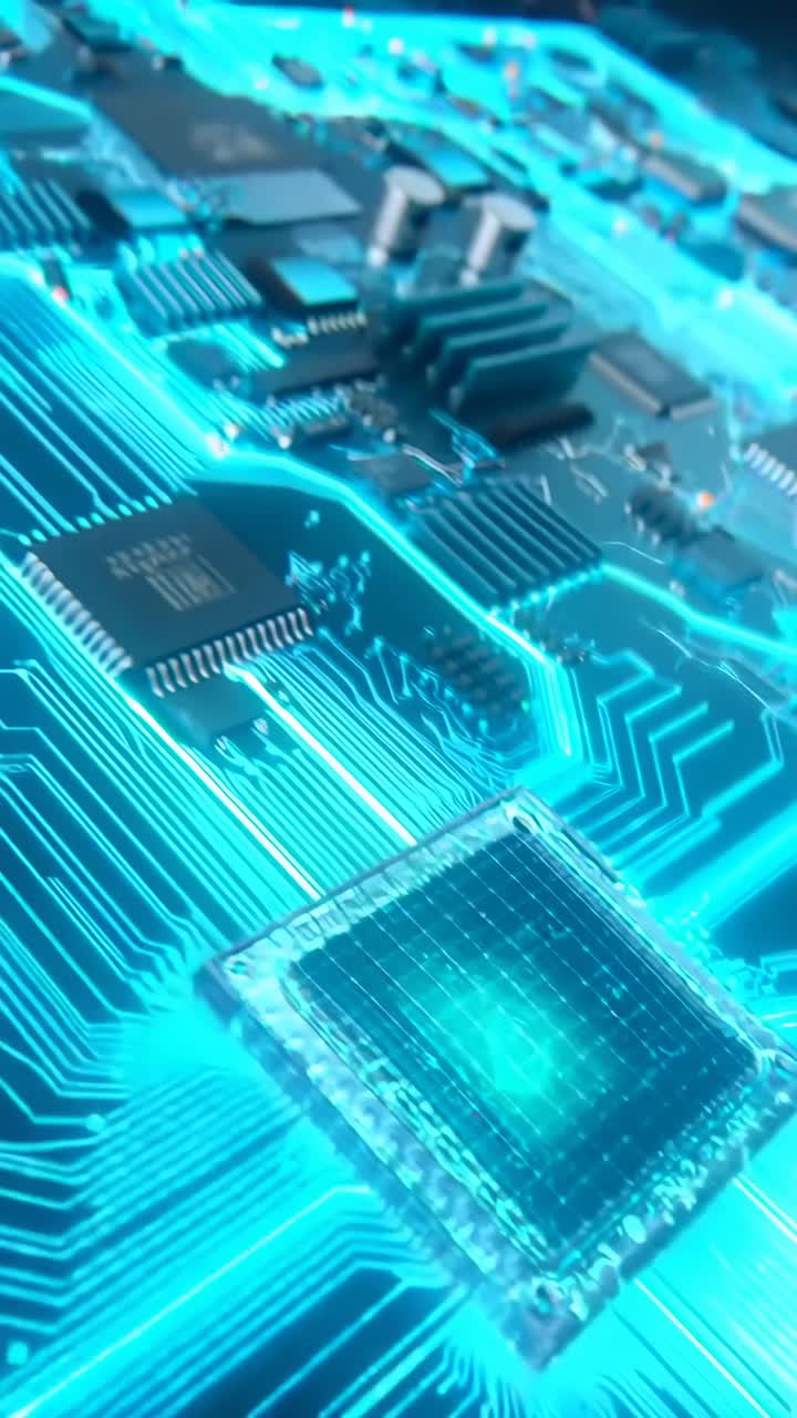Video futuristico di un circuito stampato con un'angolazione ravvicinata, che evidenzia i percorsi blu luminosi