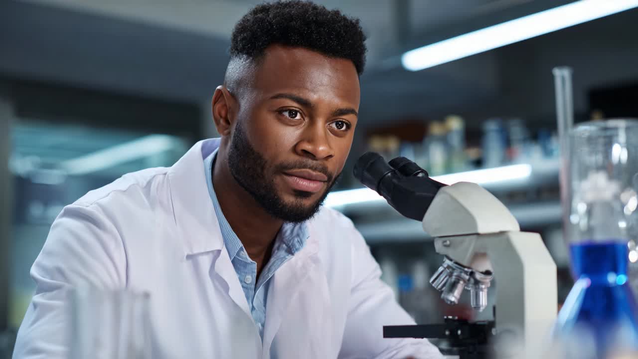 Focused Scientist Analyzing Microscopic Samples in a Modern Laboratory, Combining Expertise and Technology for Scientific Discovery and Advancement in Research Applications