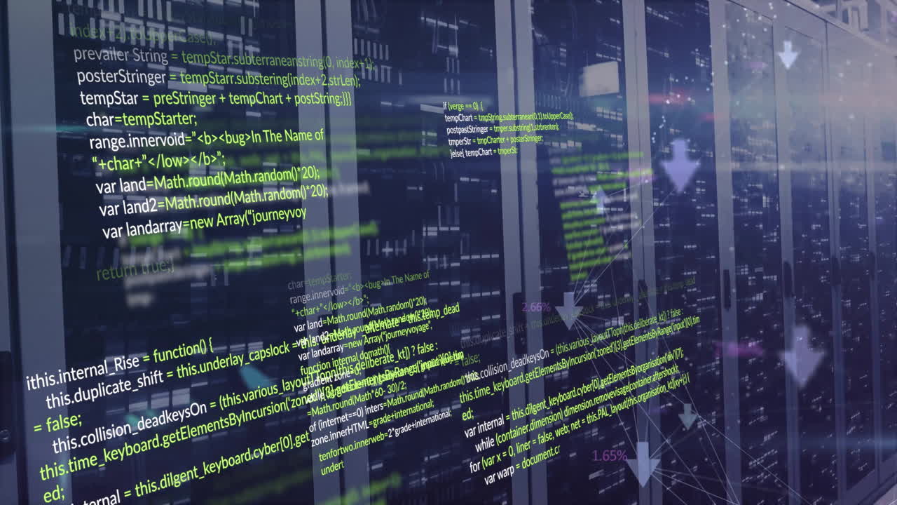 animação de linguagem de computador e flecha conectada sobre sistemas de servidores de dados na sala de servidores