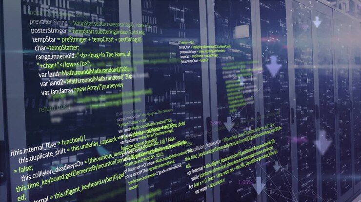 Animation of computer language and connected arrow over data server systems in server room