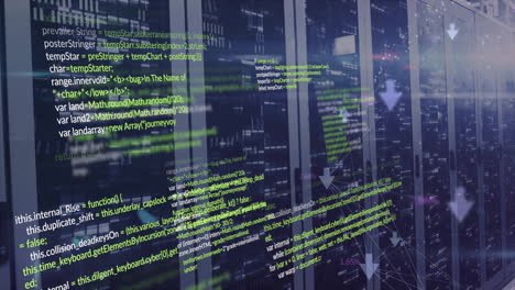 animation of computer language and connected arrow over data server systems in server room