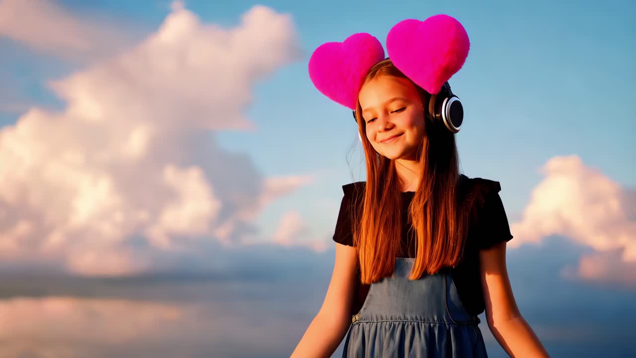 Menina com Fones de Ouvido e Protetores de Orelha de Coração ao Pôr do Sol