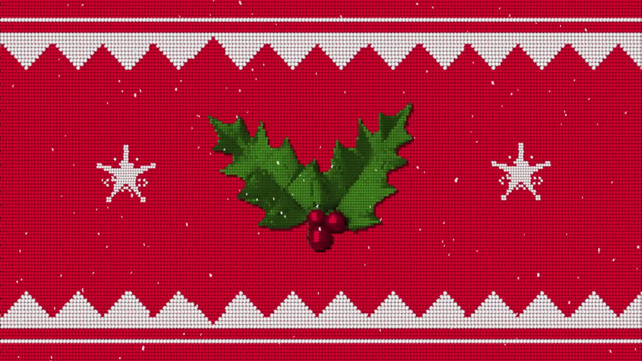 patrón tradicional de navidad con rama de acebo y estrellas moviéndose contra un fondo rojo