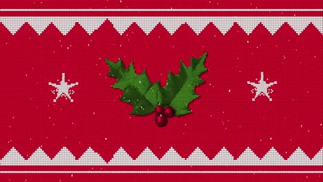 Traditionelles-Weihnachtsmuster-Mit-Stechpalmenzweig-Und-Sternen,-Die-Sich-Vor-Rotem-Hintergrund-Bewegen