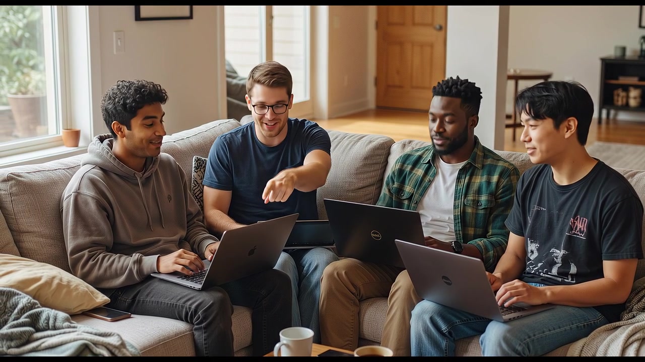 Diverse Group of Young Men Collaborating on Laptops on a Couch
