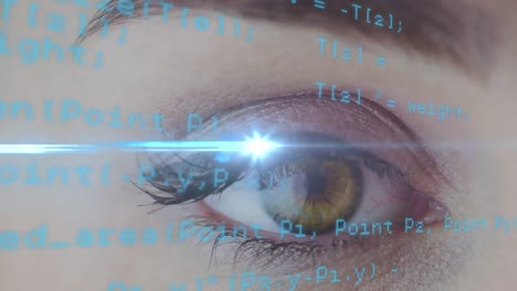 Animation-of-data-processing-over-woman's-eye-in-background