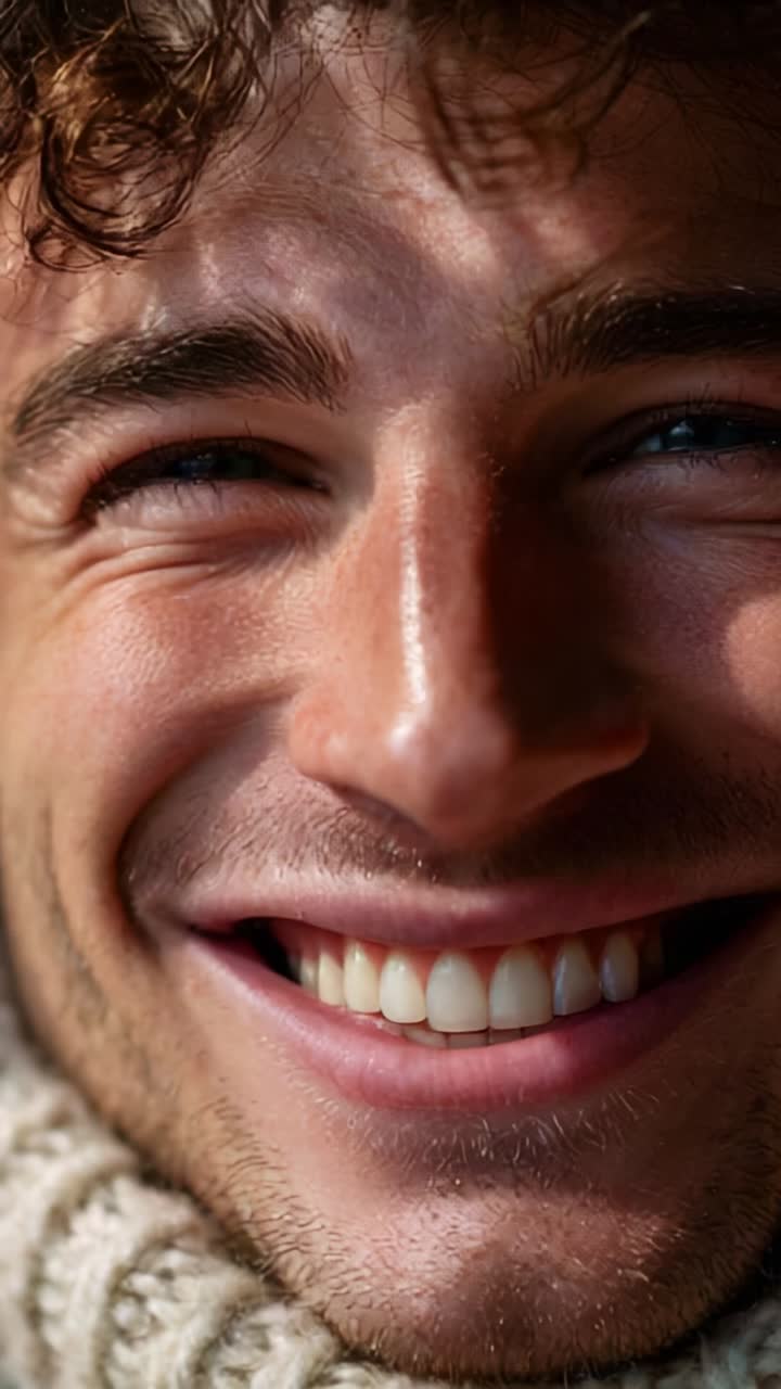 A Close-Up Portrait of a Young Man with a Joyful Smile, Warm Glow and Bright Eyes, Capturing a Moment of Happiness and Positivity in Natural Light