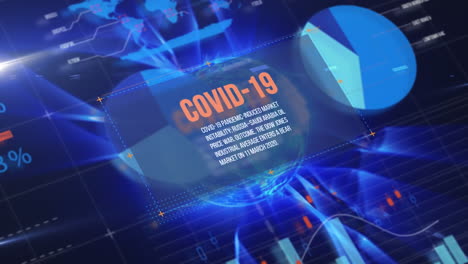 animation of text about covid-19 over globe spinning, statistics showing in the background.