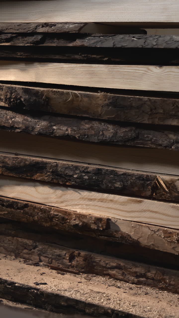 Naskládané hrubé dřevěné desky v pile, teplé tlumené světlo, okraje s kůrou a piliny na prknech, sušicí regály a detail