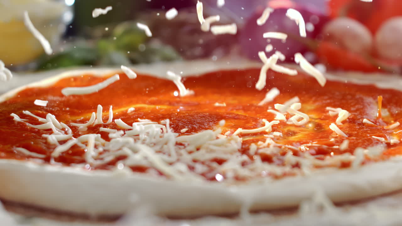 치즈 와 토마토 소스 로 피자를 준비 하는 것