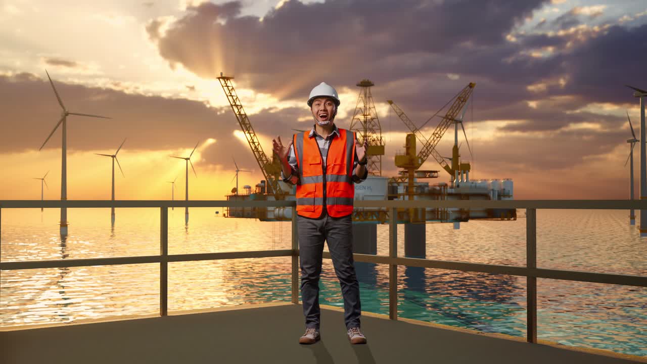 ingeniero en la plataforma de un parque eólico en alta mar al atardecer