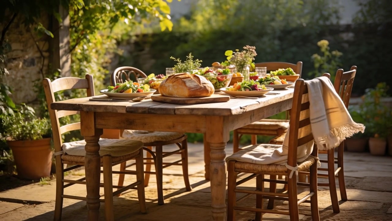 Moving camera framing rustic table on garden patio, showing round loaf and salads to showcase meal
