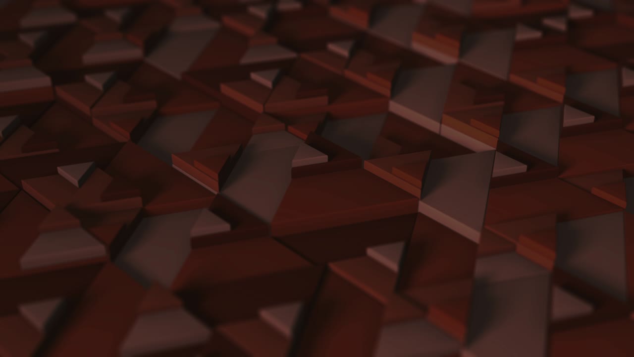 미니멀리즘의 어두운 오렌지색. 선택적 초점. 흐릿함. 기하학적 삼각형의 움직임으로 루프 애니메이션의 3d 렌더링. 프레젠테이션을위한 끝없는 배경. 비즈니스 애니메이션.