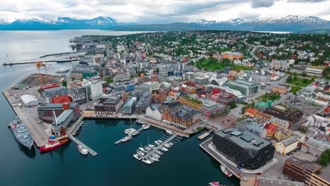 View-of-a-marina-in-Tromso,-North-Norway