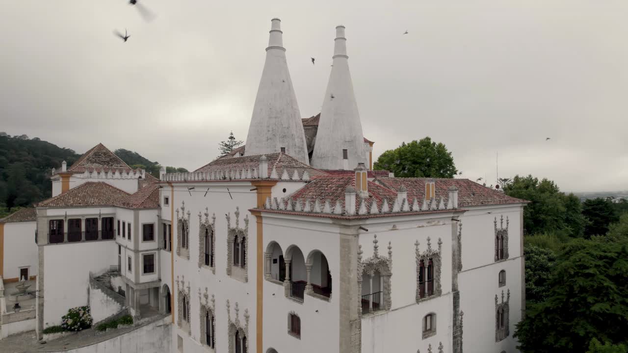 filmación turística cinematográfica con una bandada de pájaros volando alrededor del palacio de la ciudad residencial de sintra, portugal